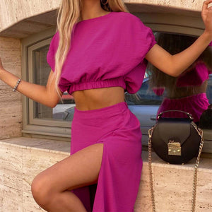 French Style Elegant Crop Batwing Top Slit Skirt Two Piece Set