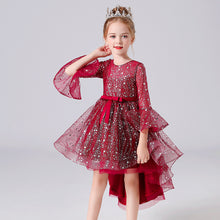 画像をギャラリービューアに読み込む, 110-160cm 女の子用ベルスリーブ ロングトレイン レッド プリンセス イベント パフォーマンス ドレス
