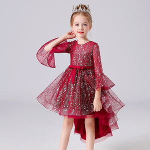 110-160cm Girls Bell Sleeve Long Train Red Princess Event Performance Dress