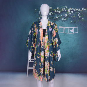 Long Printed Floral Dot Quarter Sleeve Kimono Beachwear Cover Up
