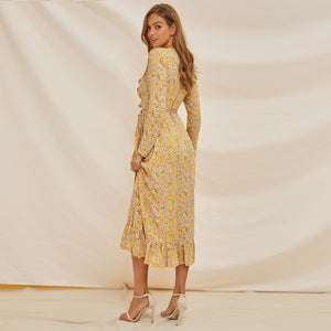 Long Sleeve Ruffle Wrap Tie Midi Dress
