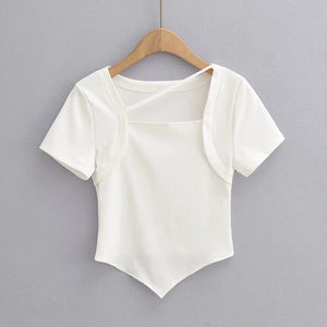 5色展開スクエアネックアシンメトリー半袖Tシャツ