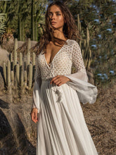 Load image into Gallery viewer, European and American style lace deep V neck bohemian dress lady frock big trumpet sleeve women ladies white dresses long
