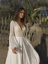 Laden Sie das Bild in den Galerie-Viewer, European and American style lace deep V neck bohemian dress lady frock big trumpet sleeve women ladies white dresses long
