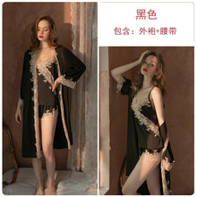 Load image into Gallery viewer, Satin Lace Tank Top Shorts Tie Robe Homewear Bathrobe Set
