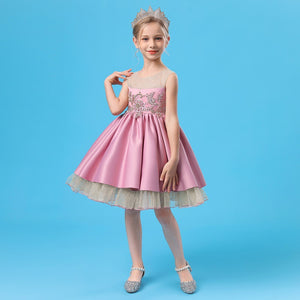 110-160cm 女の子用フォーマルイベントドレス ビーズ付きゴールドチュール パフィープリンセスドレス