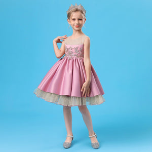 110-160cm Girls Formal Event Dresses Beaded Gold Tulle Puffy Princess Dress