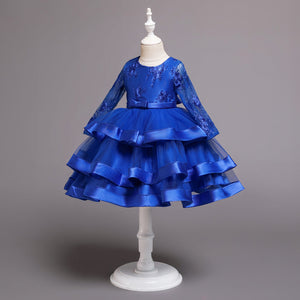 100-150cm Kids Formal Event Princess Dresses Long Sleeve Puffy Tulle Tiered Performance Dress