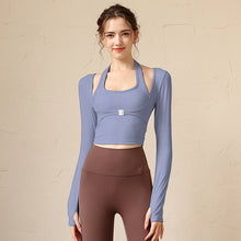 Load image into Gallery viewer, Long Sleeve Yoga T shirt Halter Neck Faux Two Piece Bra Top Dance Running Gym Fitness Top
