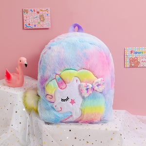 Unicorn Tie Dye Cartoon Plush Kids Bowknot Kindergarten Backpack Schoolbag