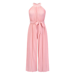 2022 Summer Sexy Halter Neck Sleevelesss Pleated Long Wide Leg Jumpsuit
