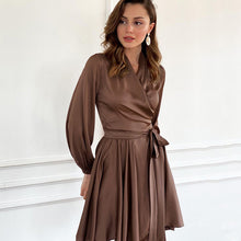 Load image into Gallery viewer, Long Sleeve V Neck Satin Wrap and Tie Mini Casual Dress
