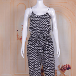 Spaghetti Strap Playsuit Pure Real Silk Printed Jumpsuit Beachwear with Sashes