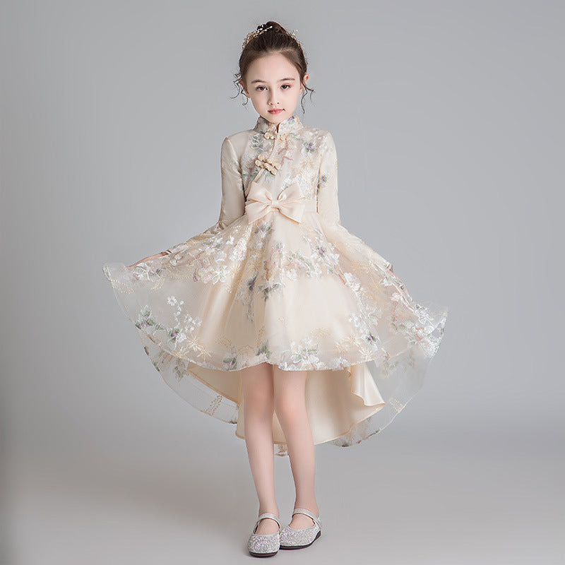 110-160cm 子供用 長袖 秋 エスニックスタイル シノワズリ チャイナドレス チュール プリンセスドレス ジュニア パフォーマンスドレス