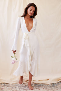 long lantern sleeve deep V-neck dress