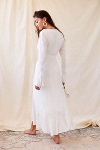 long lantern sleeve deep V-neck dress