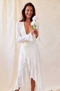 long lantern sleeve deep V-neck dress