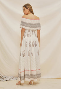 Trendy women clothing off shoulder bohemian floral maxi dress white boho dress