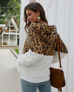 Contrast Leopard Womens Fuzzy Hoodies Long Sleeve Zip Up Sweatshirt Fleece jacket and coat for ladies