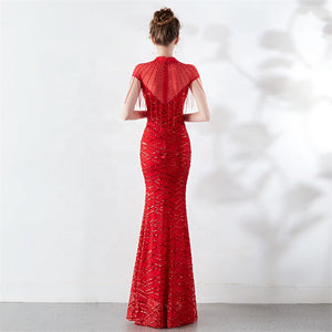 New spring summer hand-made beads decoration round neck elegant banquet noble dress women evening party dresses