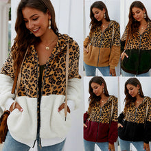 Laden Sie das Bild in den Galerie-Viewer, Contrast Leopard Womens Fuzzy Hoodies Long Sleeve Zip Up Sweatshirt Fleece jacket and coat for ladies
