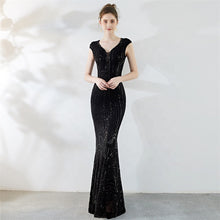 Load image into Gallery viewer, women V neck cap sleeve sequin long prom dress
