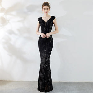 women V neck cap sleeve sequin long prom dress