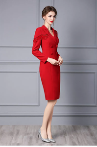 2022 Autumn Red Beaded Formal Midi Pencil Blazer Formal Dress
