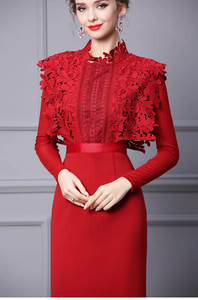 2022 New Design Long Sleeve Red Christmas Autumn Water Soluble Lace Midi Formal Dress