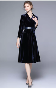 Autumn Winter Velvet Windbreaker Long Sleeve Velour Tie Elegant Formal Dress