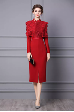 Load image into Gallery viewer, 2022 New Design Long Sleeve Red Christmas Autumn Water Soluble Lace Midi Formal Dress
