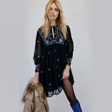 Load image into Gallery viewer, Embroidered long sleeve chiffon short boho dress

