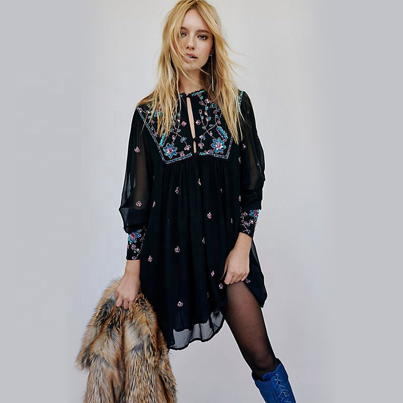 Embroidered long sleeve chiffon short boho dress