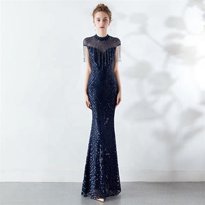 New spring summer hand-made beads decoration round neck elegant banquet noble dress women evening party dresses
