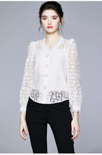 Load image into Gallery viewer, 2022 New Design Ladies White Lace V Neck Puff Long Sleeve Short Blouse with Tank Top
