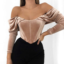 Laden Sie das Bild in den Galerie-Viewer, velvet milkmaid crop top Nigh Club Velour Off The Shoulder Ruffle Slim Fit Crop Tube Tops
