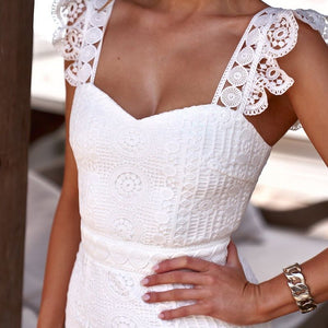 Latest Fashion Summer White Asymmetry Crocheted Sleeveless Spaghetti Strap White Lace Hollow out Mermaid Dress