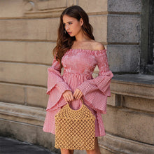 Laden Sie das Bild in den Galerie-Viewer, Sweet two-layer bell sleeve elastic mini off shoulder plaid casual dress
