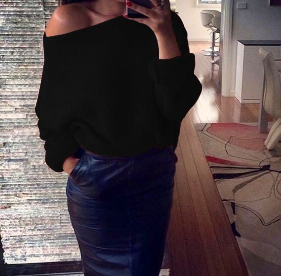 Popular Sloping Shoulder Woolen Pullover Short Sweater For Ladies
