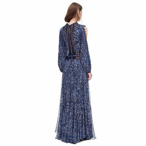 Dark blue elegant woman frock ethnic off-the-shoulder floor length patchwork lady maxi dress bohemian clothing