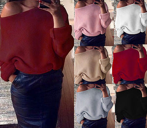 Popular Sloping Shoulder Woolen Pullover Short Sweater For Ladies