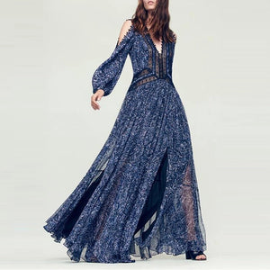 Dark blue elegant woman frock ethnic off-the-shoulder floor length patchwork lady maxi dress bohemian clothing