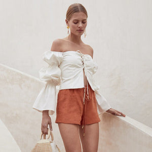 Trendy Long Sleeve Off Shoulder Blouse Flare Puff Sleeve White Shirt