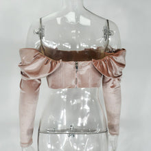 Laden Sie das Bild in den Galerie-Viewer, velvet milkmaid crop top Nigh Club Velour Off The Shoulder Ruffle Slim Fit Crop Tube Tops

