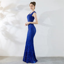 Load image into Gallery viewer, women V neck cap sleeve sequin long prom dress
