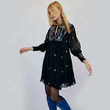 Load image into Gallery viewer, Embroidered long sleeve chiffon short boho dress
