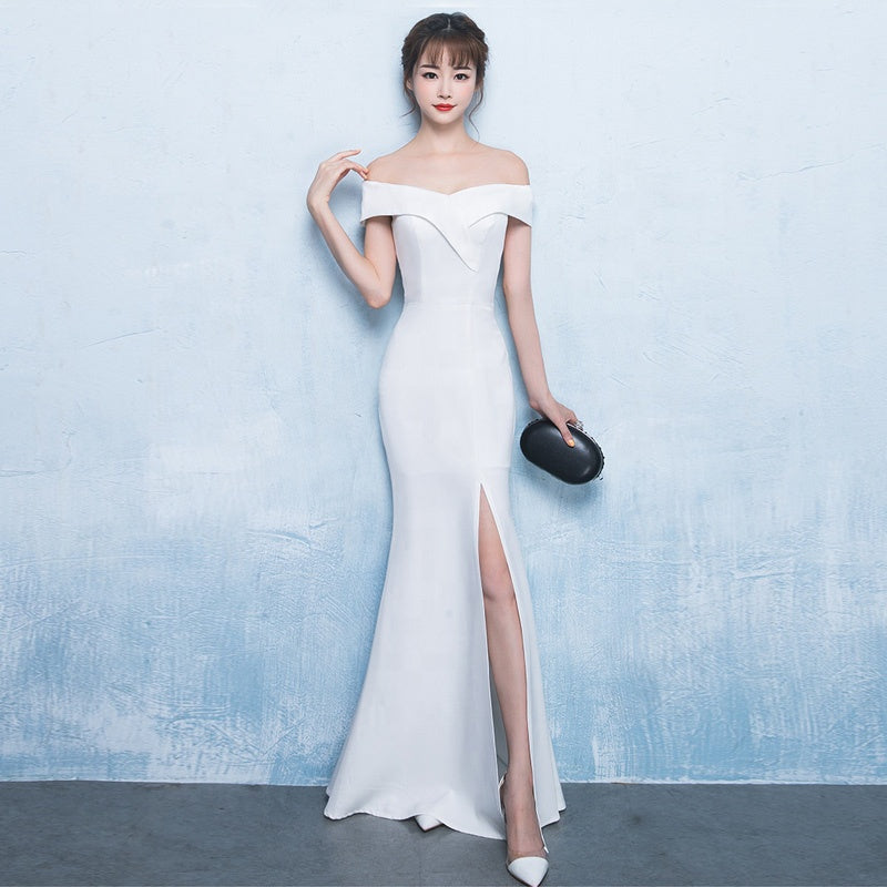 off shoulder side split party bridesmaid wear long simple lady gown ko –  Jasmine Wei Factory Shop