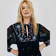 Load image into Gallery viewer, Embroidered long sleeve chiffon short boho dress
