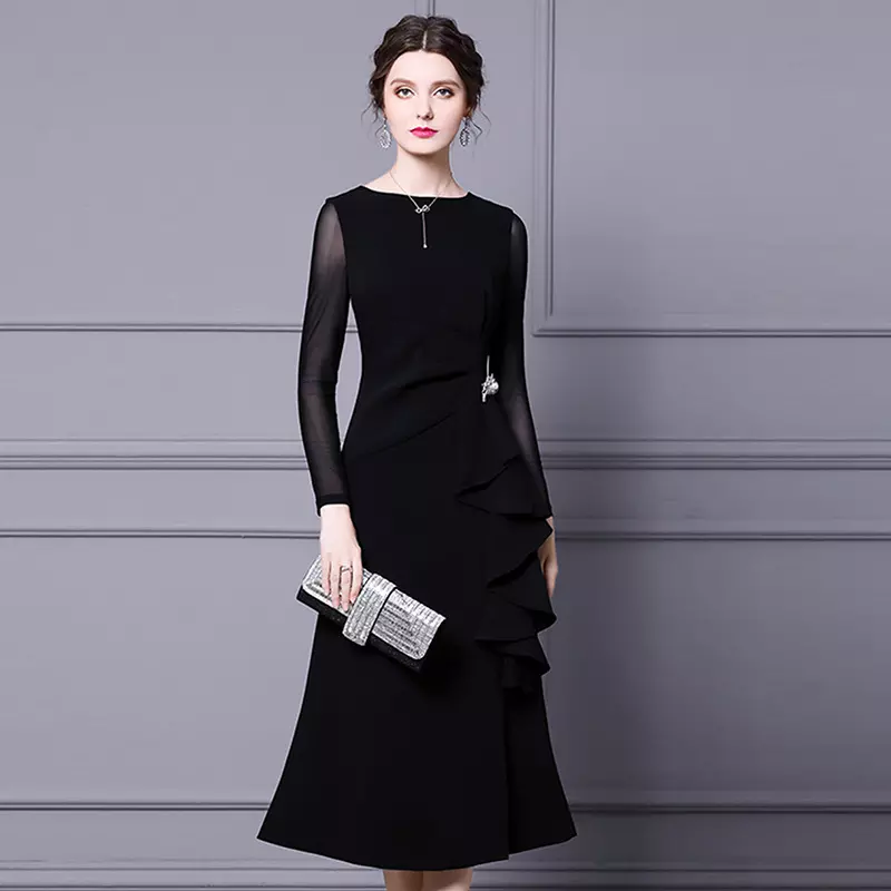 2022 New Design Long Sleeve Autumn Maroon Slim Frilled Midi Formal Dress