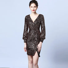 Laden Sie das Bild in den Galerie-Viewer, long sleeve sequin short ruffle bodycon Evening Dress
